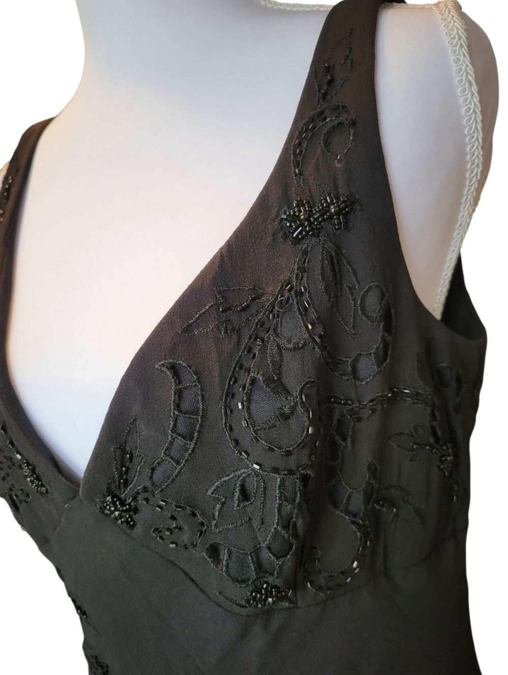 Vtg 90s Y2K Marina 100% Silk Black Beaded Vneck Asymmetrical Hem Evening Dress - Picture 7 of 10